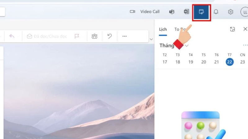 Chọn biểu tượng Calendar ở góc phải màn hình