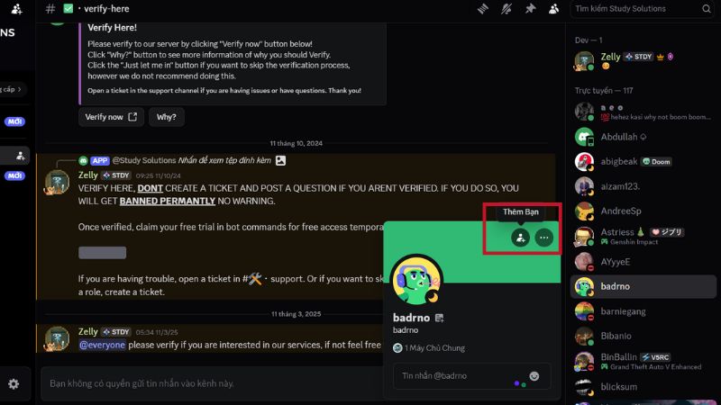 Cách kết bạn với người cùng server