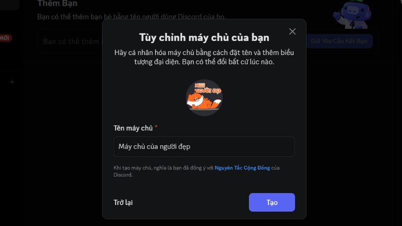 Đặt tên và thay đổi ảnh đại diện cho server trước khi tạo