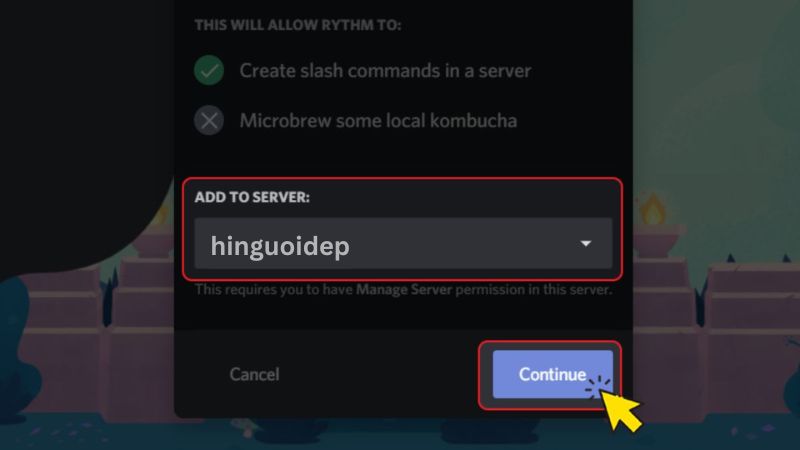 Chọn server cần thêm bot Discord