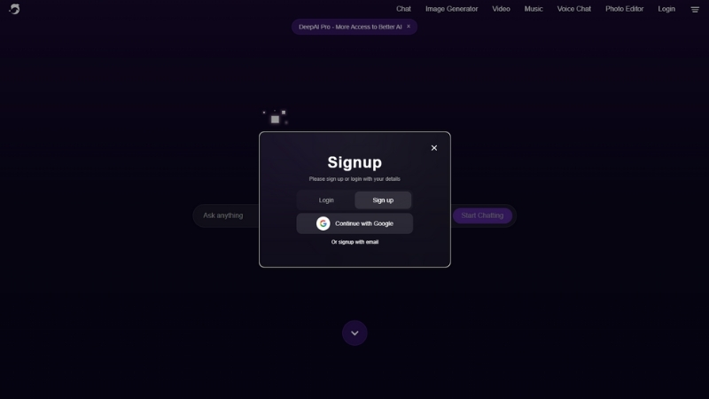 Màn hình đăng ký DeepAI với tùy chọn Google và email