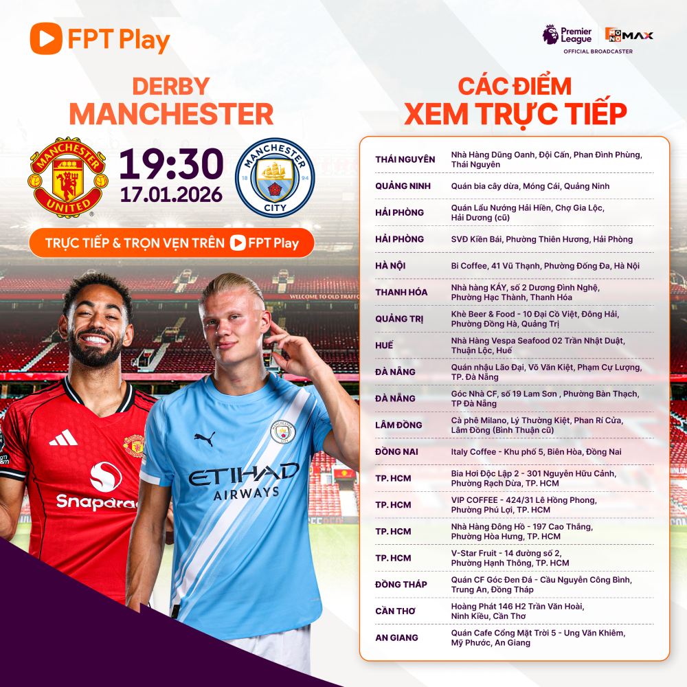 Danh sách các điểm xem trực tiếp trận Derby Man City và Man Utd toàn quốc