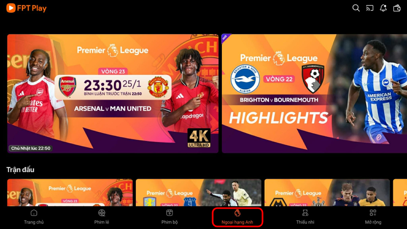 Ví dụ cách xem Ngoại hạng Anh trên app FPT Play