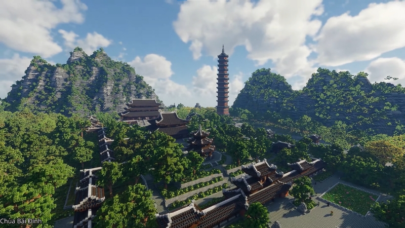 Chùa Bái Đính trong Minecraft với hành lang La Hán và tháp Bảo Thiên