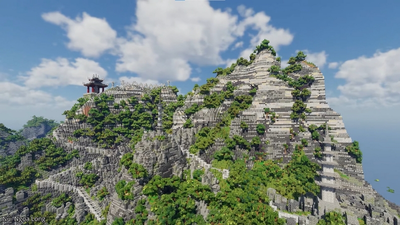 Núi Ngọa Long Hang Múa Ninh Bình tái hiện trong Minecraft với hành cung rồng đá