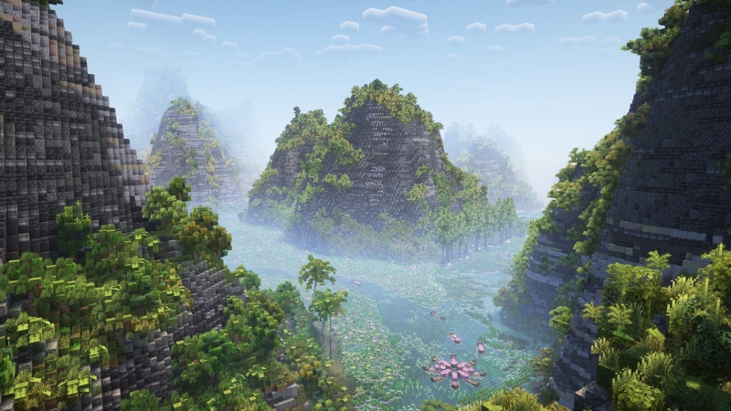 Khu vực núi đá vôi và dòng sông xanh mát trong dự án Minecraft Ninh Bình