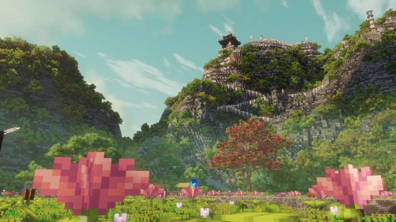 Một góc dự án Ninh Bình trong Minecraft với núi đá vôi, sông nước và kiến trúc chùa