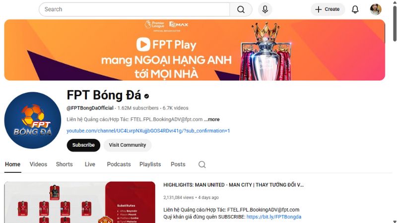 Xem Ngoại hạng Anh miễn phí trên Youtube FPT Bóng Đá