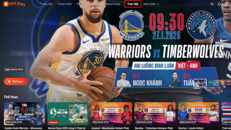Lịch trực tiếp các giải đấu thể thao trên FPT Play