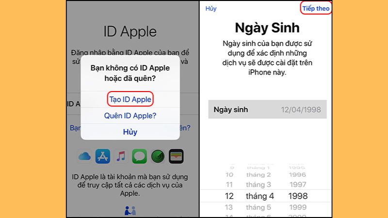 Nhập ngày tháng năm sinh để tạo ID Apple