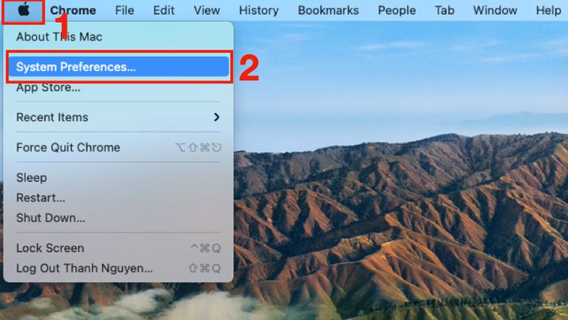 Nhấn vào biểu tượng Apple ở góc trên bên trái màn hình