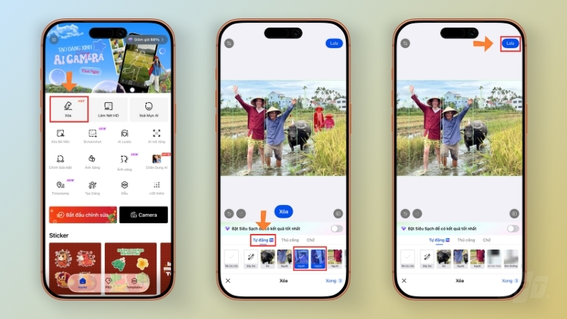 Các bước sử dụng ứng dụng SnapEdit với AI đang tự động phát hiện và xóa người