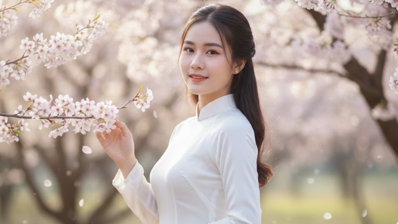 Nét xuân thì rạng rỡ của thiếu nữ bên những nhành đào tươi thắm