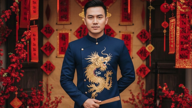 Hình ảnh nam thanh niên đĩnh đạc trong tà áo dài ngũ thân phong cách cổ điển