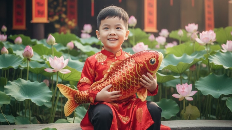 Biểu tượng may mắn, tài lộc với hình ảnh bé trai và chú cá chép