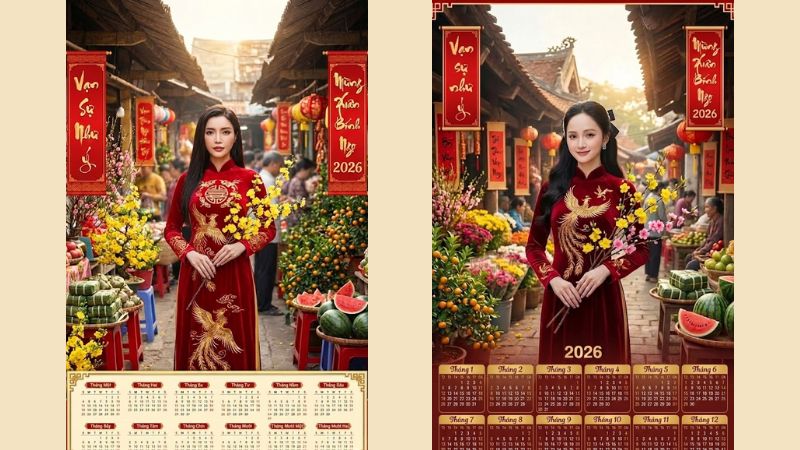 Minh họa lịch Tết với background Chợ Xuân