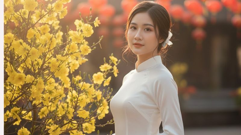 Nhành mai vàng khoe sắc thắm, tà áo trắng tinh khôi tôn vẻ đẹp người phụ nữ Việt Nam