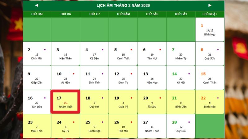 Thông tin về ngày mùng 1 Tết Âm lịch 2026