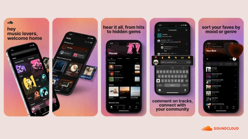 SoundCloud nổi bật với giao diện waveform và cộng đồng nghệ sĩ độc lập sôi động