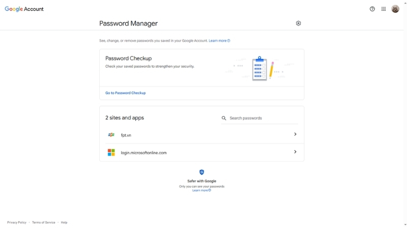 Giao diện passwords.google.com — gọn gàng, dễ tìm, hỗ trợ tìm kiếm nhanh theo tên website
