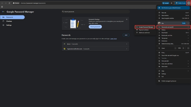 Đường đi nhanh: ba chấm → Mật khẩu và tự động điền → Google Password Manager