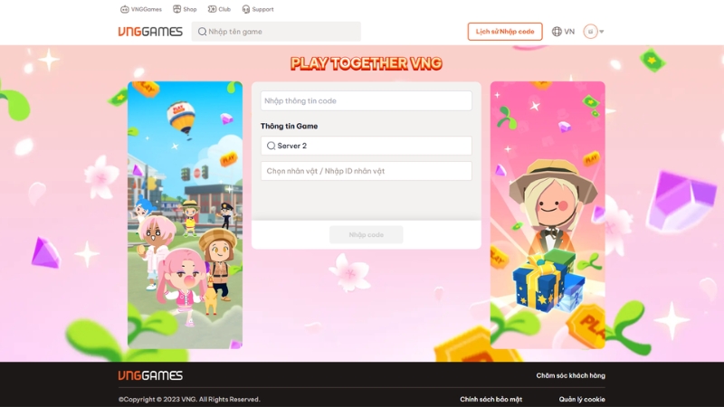 Giao diện nhập code Play Together VNG