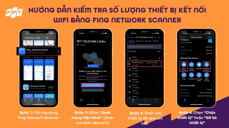 Hướng dẫn cách kiểm tra và tiến hành chặn thiết bị truy cập wifi FPT trên ứng dụng Fing Network Scanner