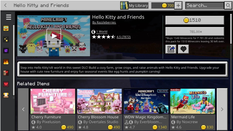 Truy cập Minecraft Marketplace để tải bản mở rộng Minecraft Hello Kitty and Friends
