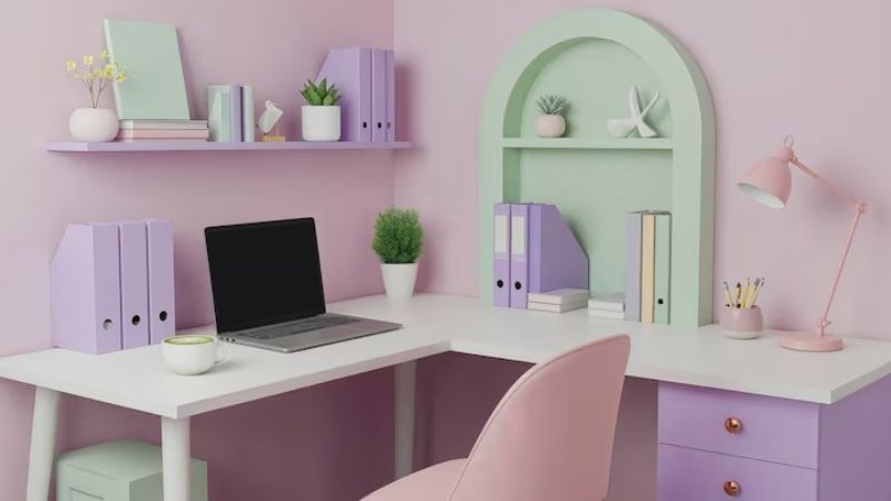 Góc học tập tone hồng pastel nhẹ nhàng cho nữ