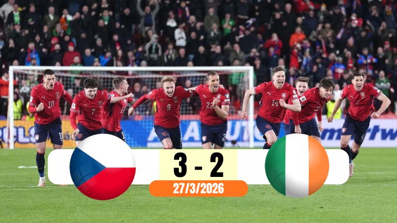 Trận Séc thắng 3-2 Ireland kịch tính đến phút cuối