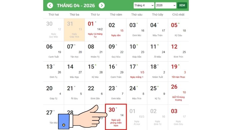 Lịch vạn niên 30/4 và 1/5 năm 2026