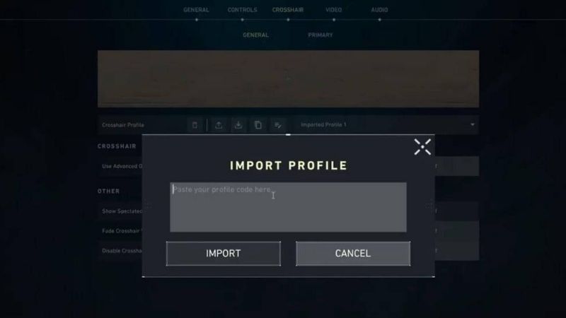 Dán mã code tâm Valorant và nhấn Nhập (Import) để áp dụng ngay