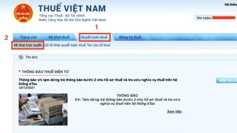 Chọn “Quyết toán thuế” và vào “Kê khai trực tuyến”