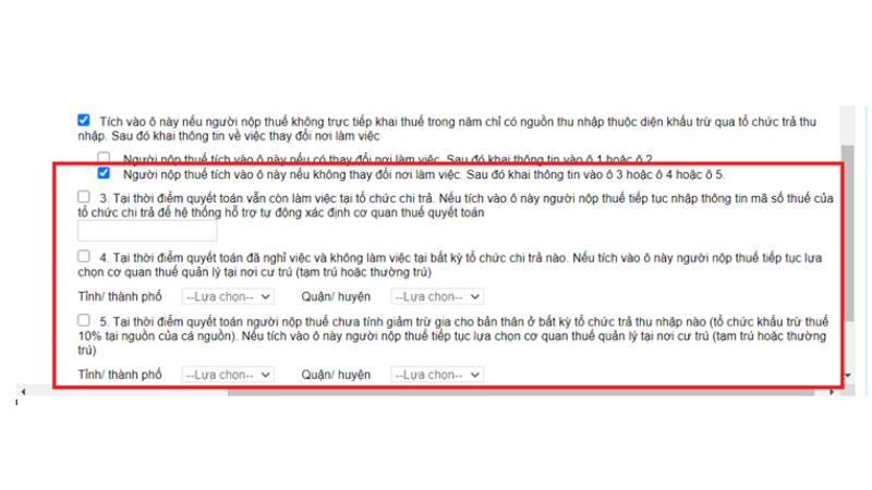 Không thay đổi nơi làm việc: chọn các mục phù hợp (ô 3, ô 4 hoặc ô 5)