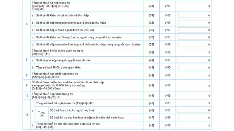 Mẫu kê khai Tờ khai 02/QTT-TNCN từ chỉ tiêu [33] đến [48]
