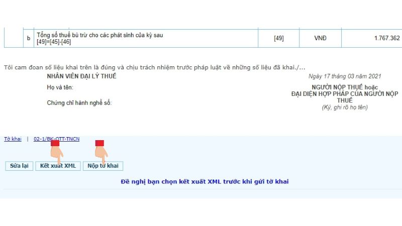 Xác nhận cam kết, hoàn tất kê khai và nộp tờ khai XML
