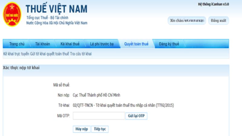 Nhập mã OTP để hoàn tất nộp và nhận thông báo