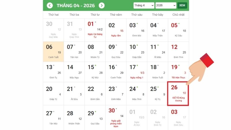 Ngày Giỗ Tổ Hùng Vương năm 2026 theo lịch vạn niên