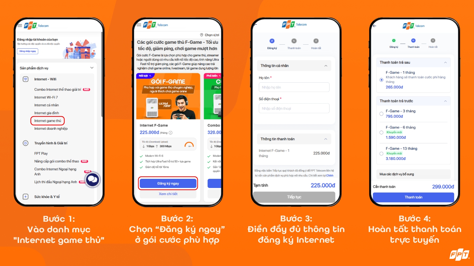 Đăng ký Internet F-Game trên website fpt.vn