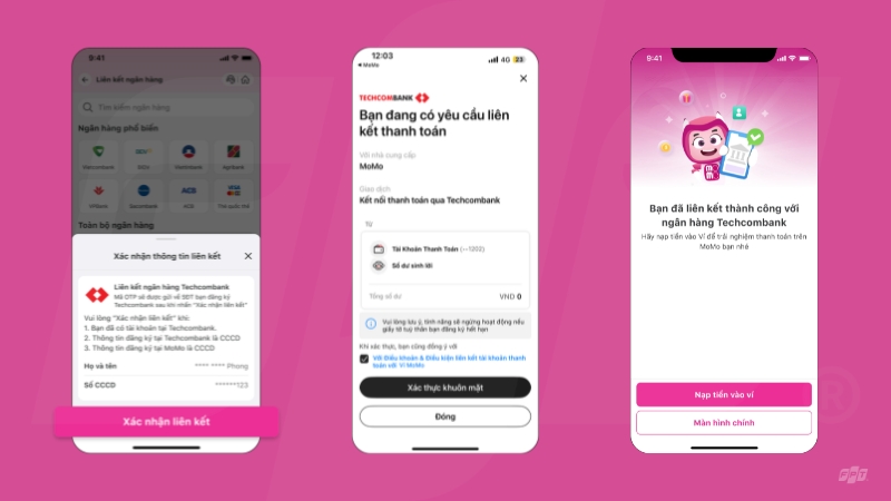 Bước 4, 5, 6 thực hiện liên kết ngân hàng với ví MoMo trên điện thoại