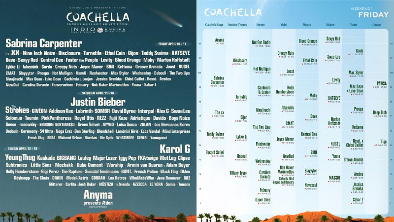 Dàn line-up chi tiết và lịch diễn Coachella Đợt 1 (Thứ 6 - 10/04/2026)