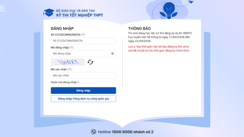 Giao diện trang web đăng ký thi tốt nghiệp THPT 2026