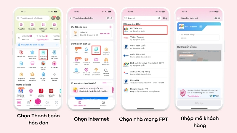 Thao tác trên ứng dụng MoMo để thanh toán hóa đơn tiện ích