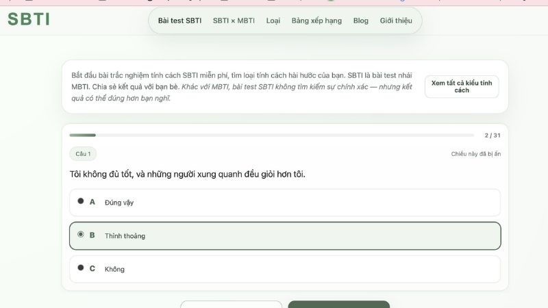 Trả lời các câu hỏi trắc nghiệm  tính cách SBTI