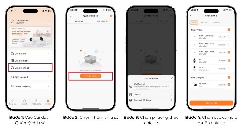 Cách chọn nhiều thiết bị camera cần chia sẻ quyền truy cập