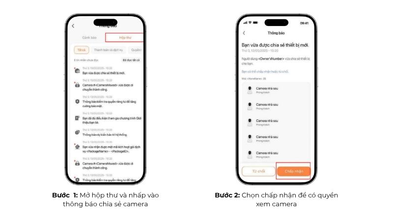Cách xác nhận lời mời chia sẻ quyền truy cập camera