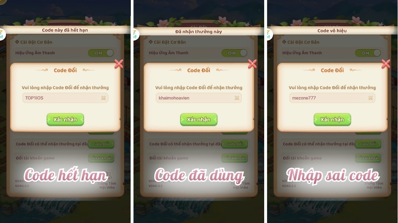 Các lỗi thường gặp khi nhập code trong Thế Giới Hoa Viên Của Tôi