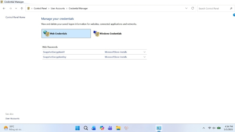 Tùy chọn Web Credentials hoặc Windows Credentials và xóa các tài khoản liên quan đến Office