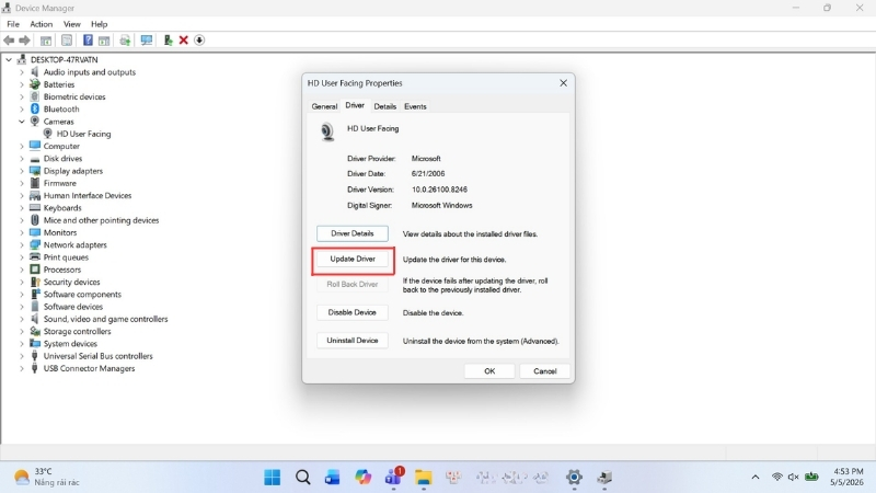 Truy cập Driver và chọn Update Driver