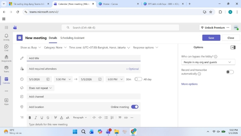 Điền thông tin cuộc họp và bấm Lưu (Save) để khởi tạo cuộc họp